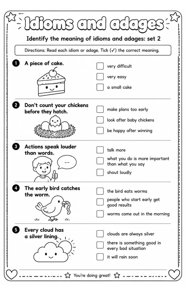 Identify the meaning of idioms and adages: set 2 — free printable Vocabulary English worksheet
