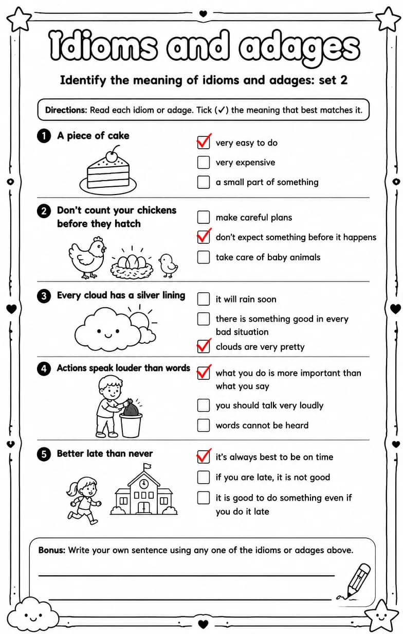 Answer key for Identify the meaning of idioms and adages: set 2 — free printable English & Reading worksheet