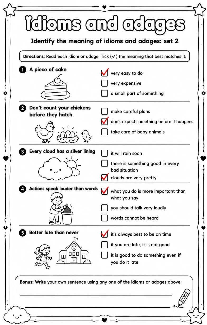 Answer key for Identify the meaning of idioms and adages: set 2 — free printable English & Reading worksheet