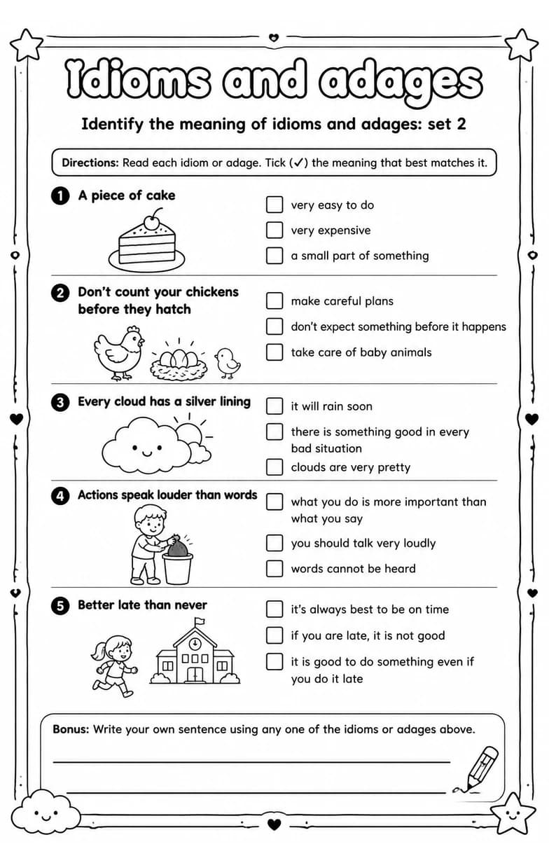 Identify the meaning of idioms and adages: set 2 — free printable Vocabulary English worksheet