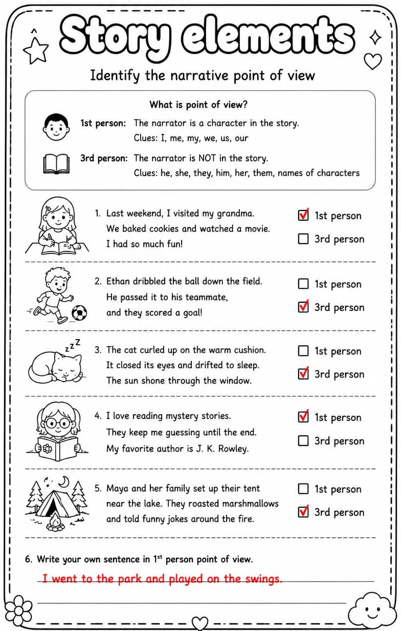 Answer key for Identify the narrative point of view — free printable English & Reading worksheet