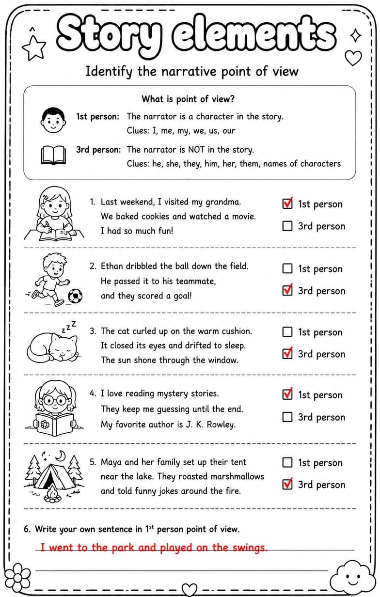 Answer key for Identify the narrative point of view — free printable English & Reading worksheet