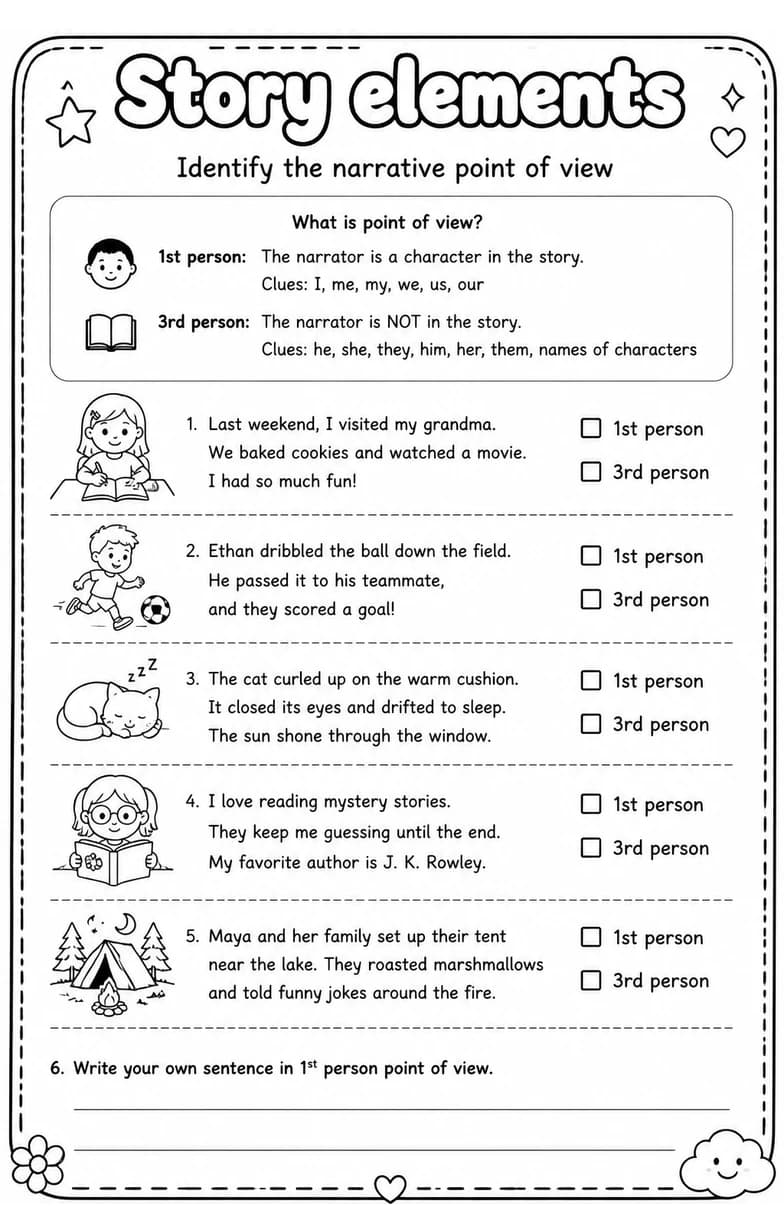 Identify the narrative point of view — free printable Grade 4 English & Reading worksheet