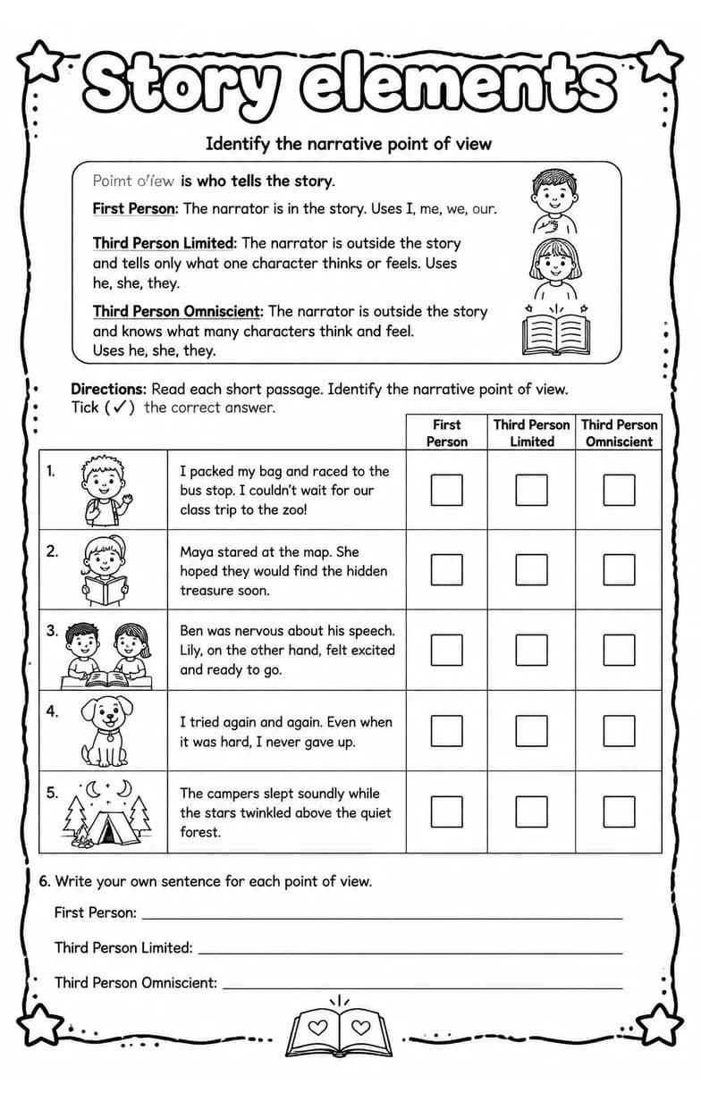Identify the narrative point of view — free printable Grade 5 English & Reading worksheet