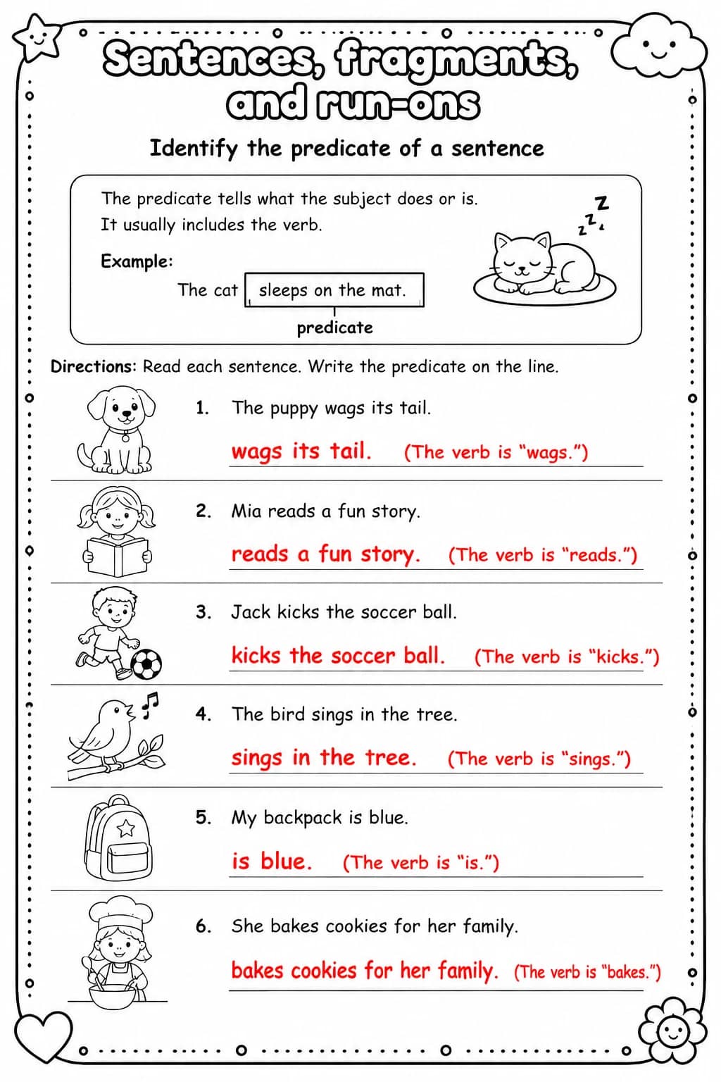 Answer key for Identify the predicate of a sentence — free printable English & Reading worksheet