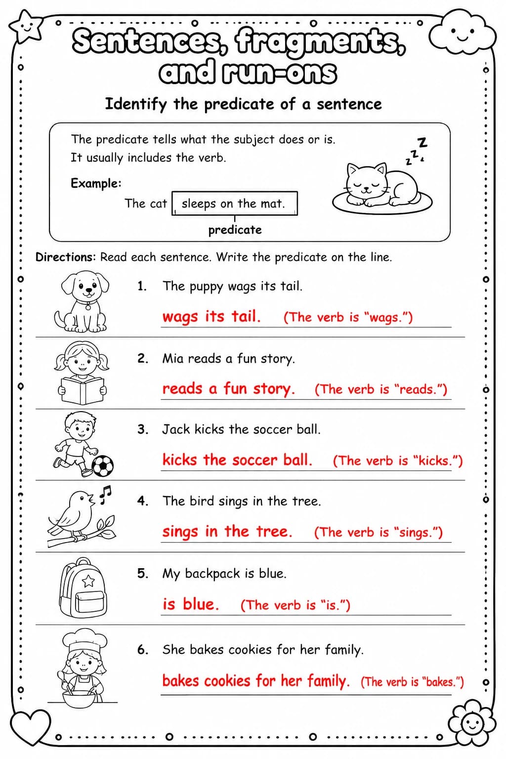 Answer key for Identify the predicate of a sentence — free printable English & Reading worksheet