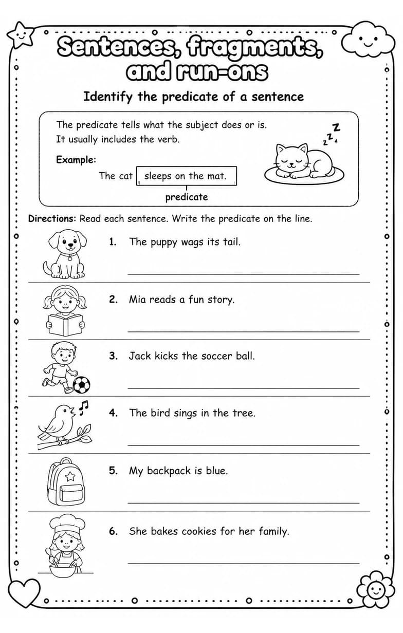 Identify the predicate of a sentence — free printable Grade 2 English & Reading worksheet