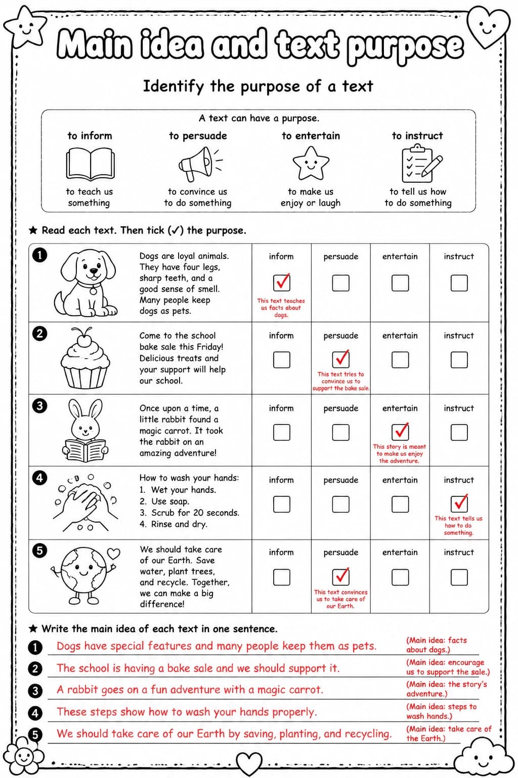 Answer key for Identify the purpose of a text — free printable English & Reading worksheet