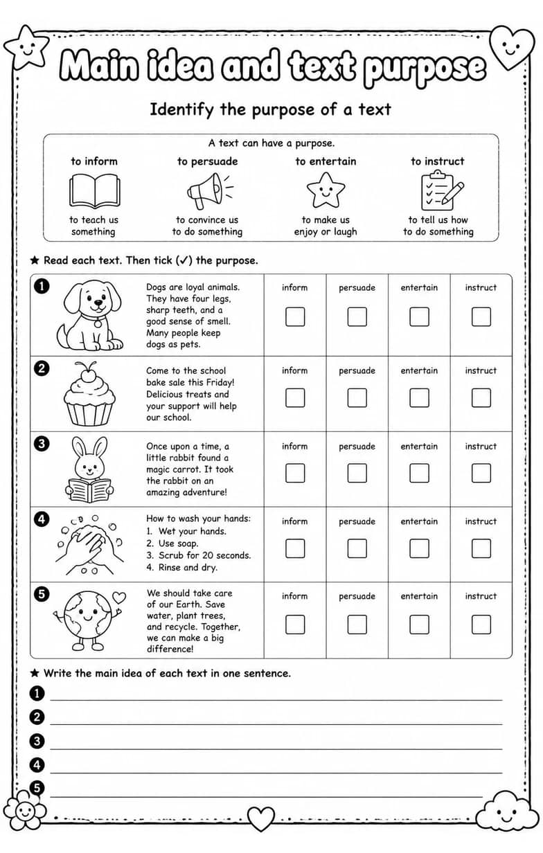 Identify the purpose of a text — free printable Reading strategies English worksheet