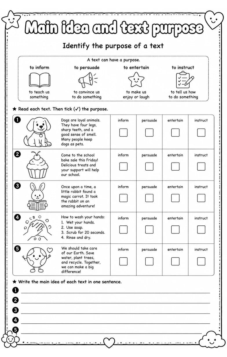 Identify the purpose of a text — free printable Grade 1 English & Reading worksheet