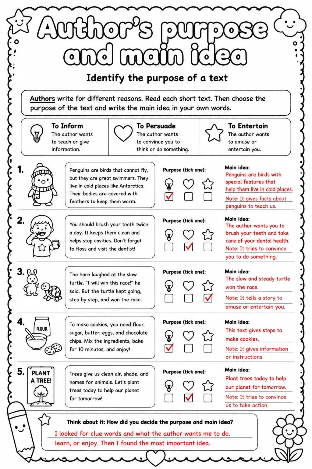 Answer key for Identify the purpose of a text — free printable English & Reading worksheet