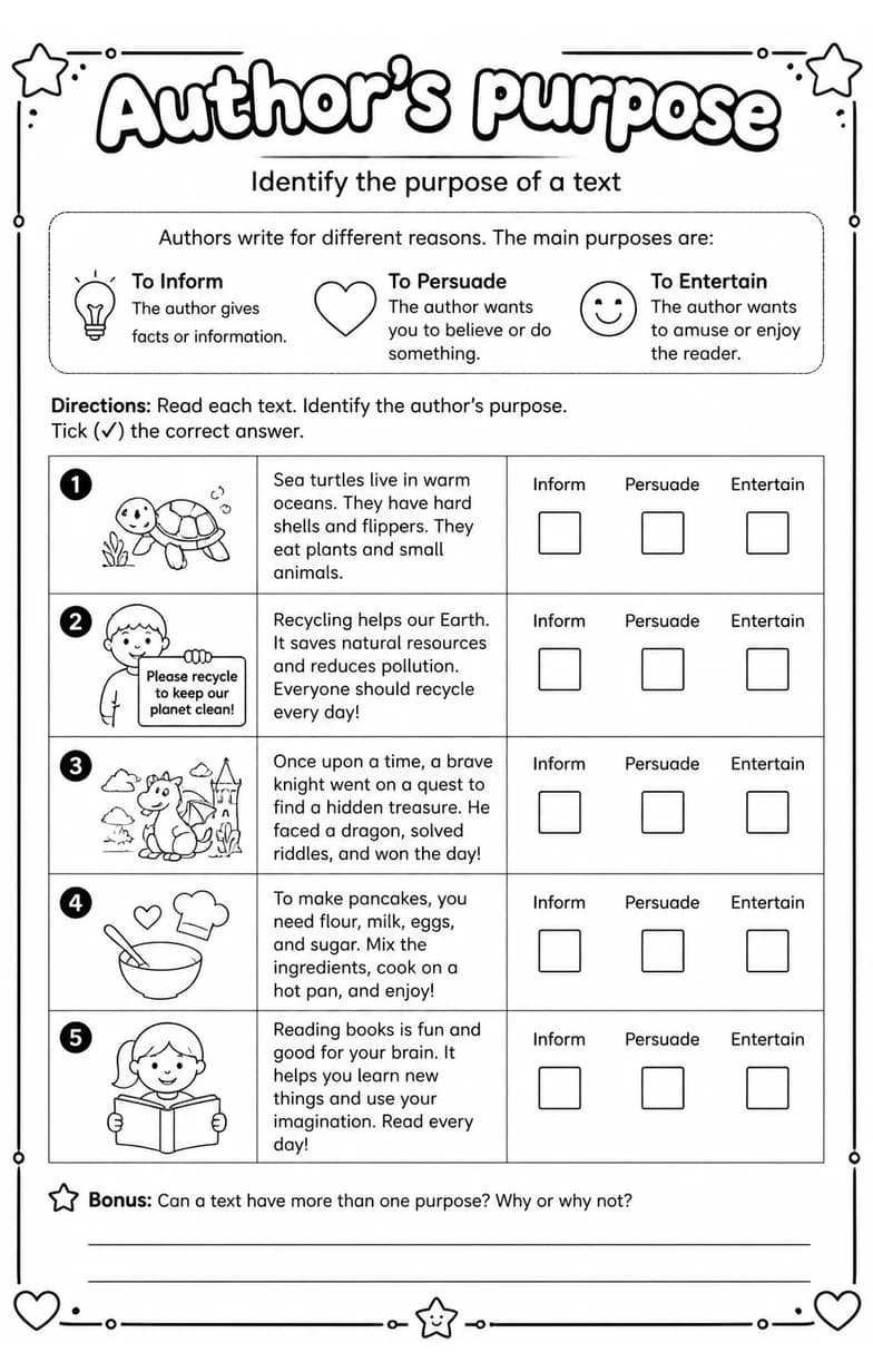 Identify the purpose of a text — free printable Reading strategies English worksheet