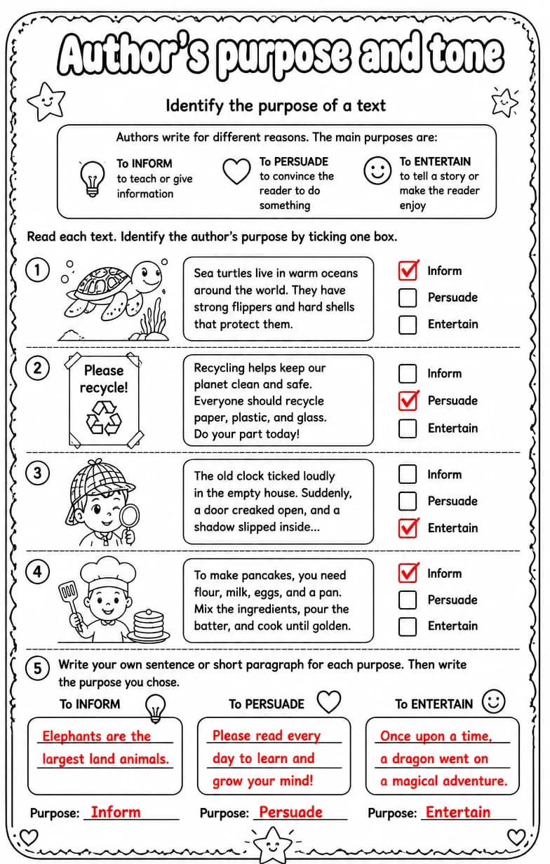 Answer key for Identify the purpose of a text — free printable English & Reading worksheet