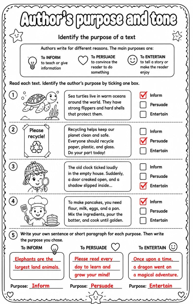 Answer key for Identify the purpose of a text — free printable English & Reading worksheet