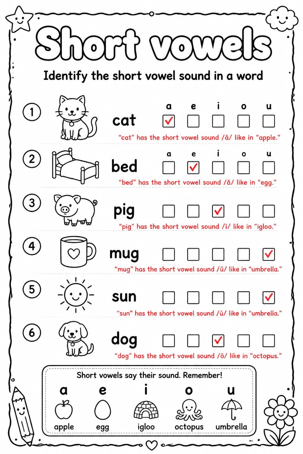 Answer key for Identify the short vowel sound in a word — free printable English & Reading worksheet
