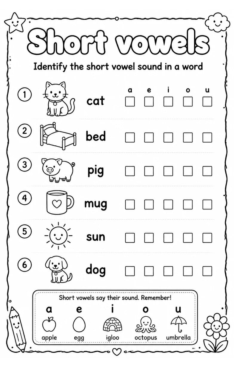 Identify the short vowel sound in a word — free printable Reading foundations English worksheet