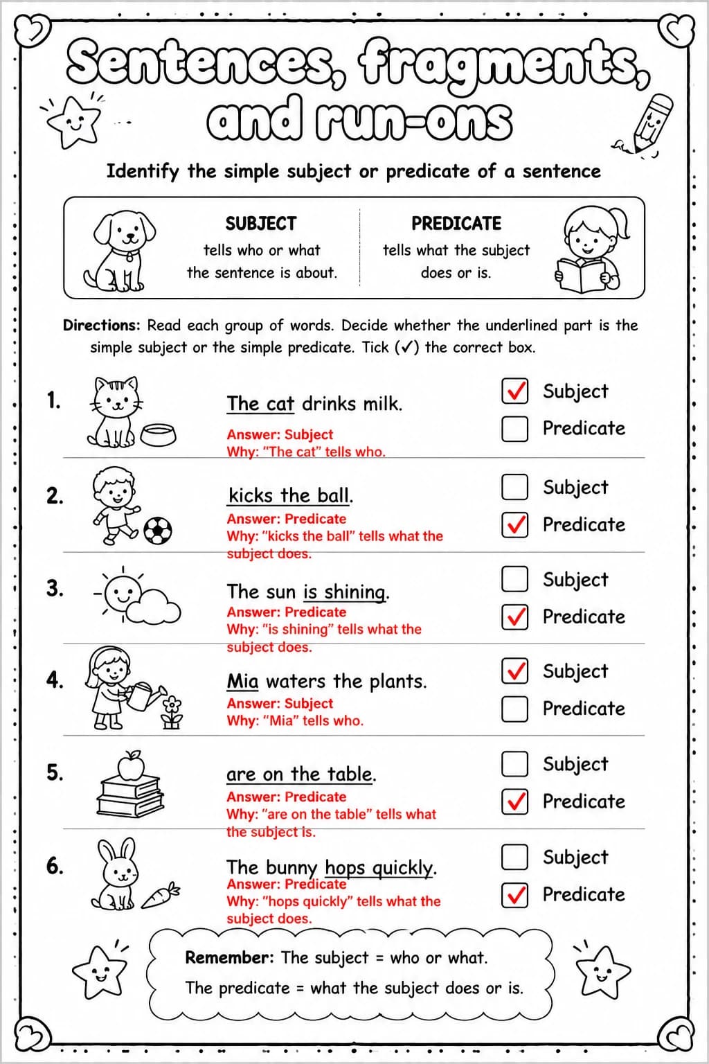 Answer key for Identify the simple subject or predicate of a sentence — free printable English & Reading worksheet