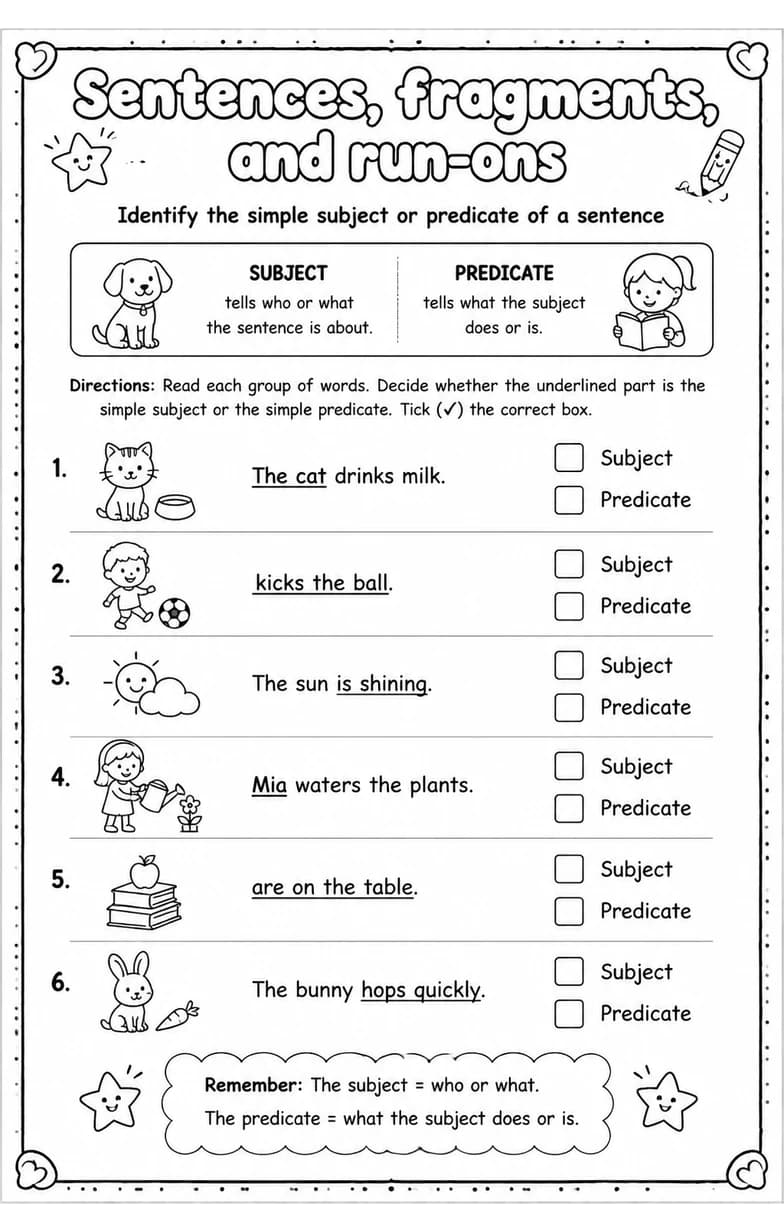 Identify the simple subject or predicate of a sentence — free printable Grammar and mechanics English worksheet