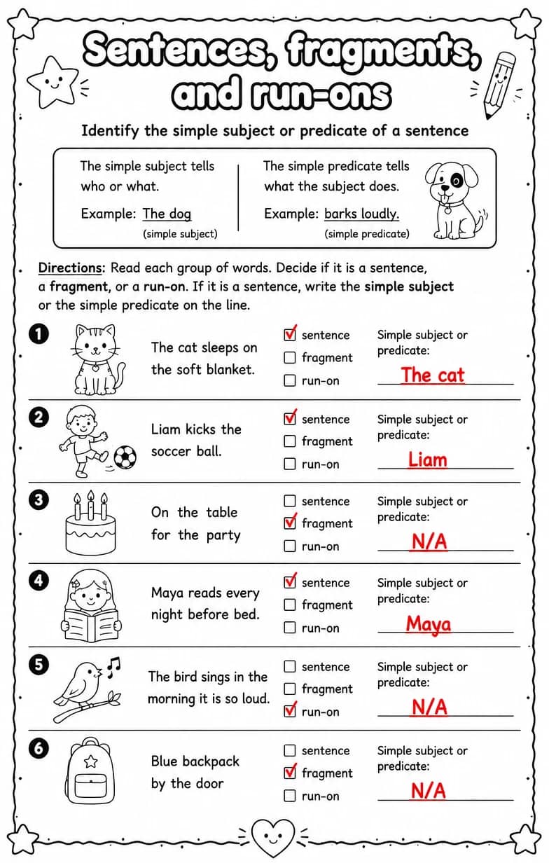 Answer key for Identify the simple subject or predicate of a sentence — free printable English & Reading worksheet