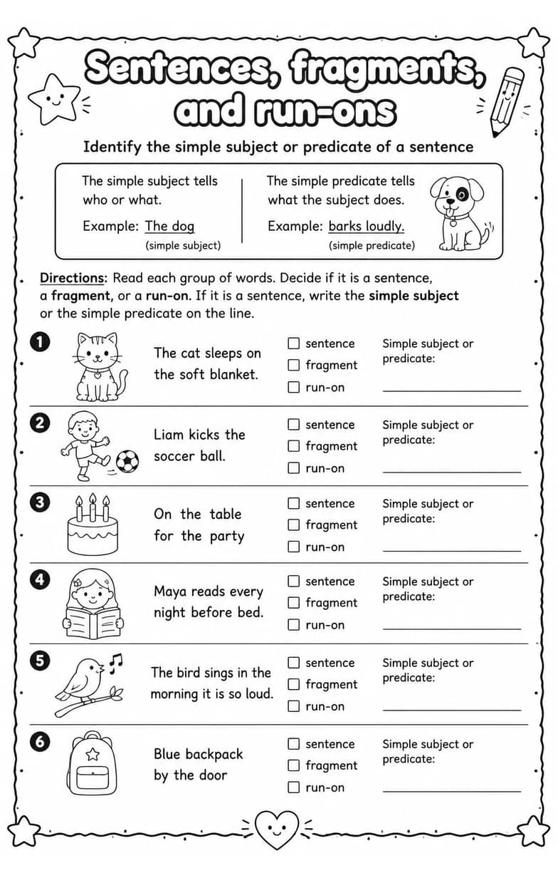Identify the simple subject or predicate of a sentence — free printable Grammar and mechanics English worksheet