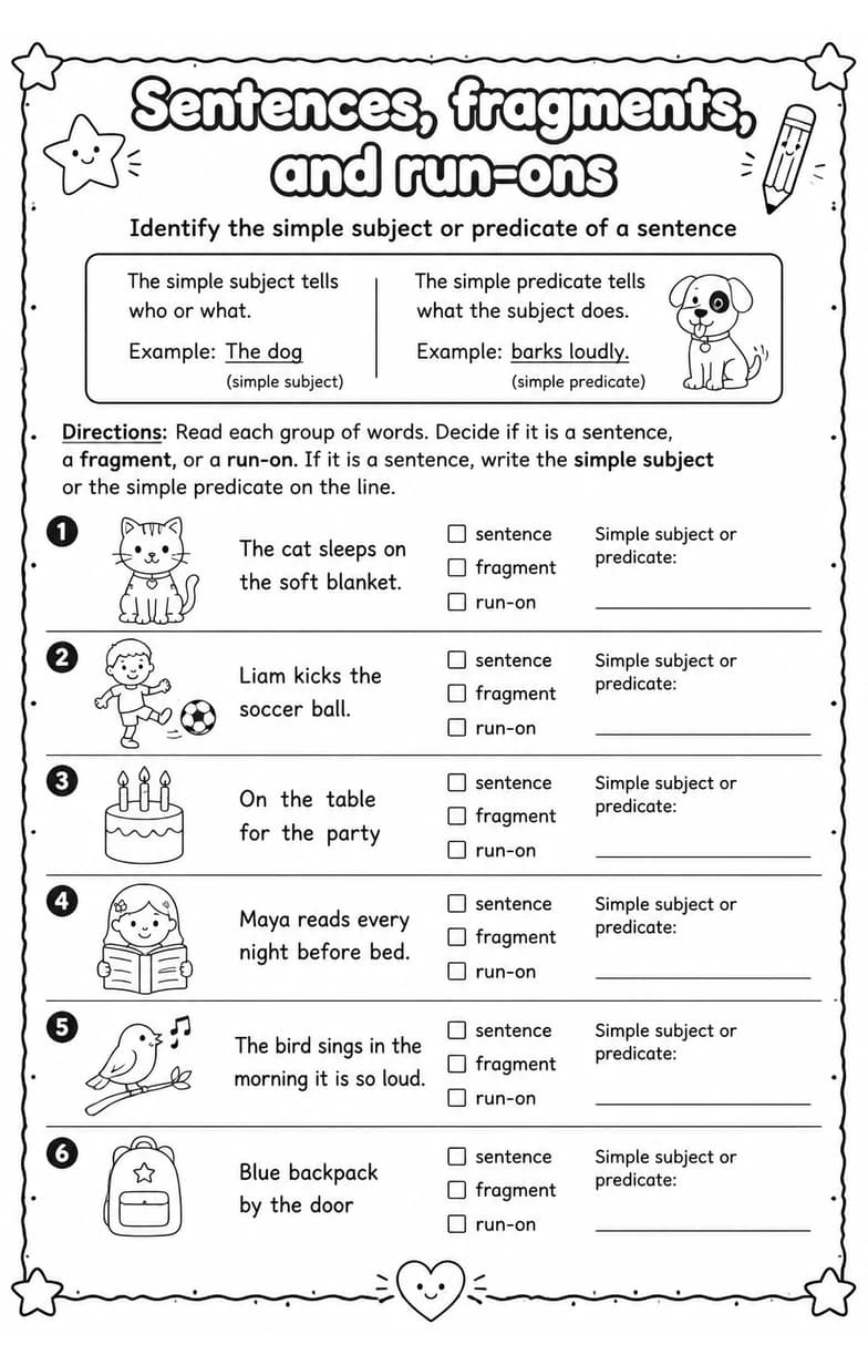 Identify the simple subject or predicate of a sentence — free printable Grade 4 English & Reading worksheet