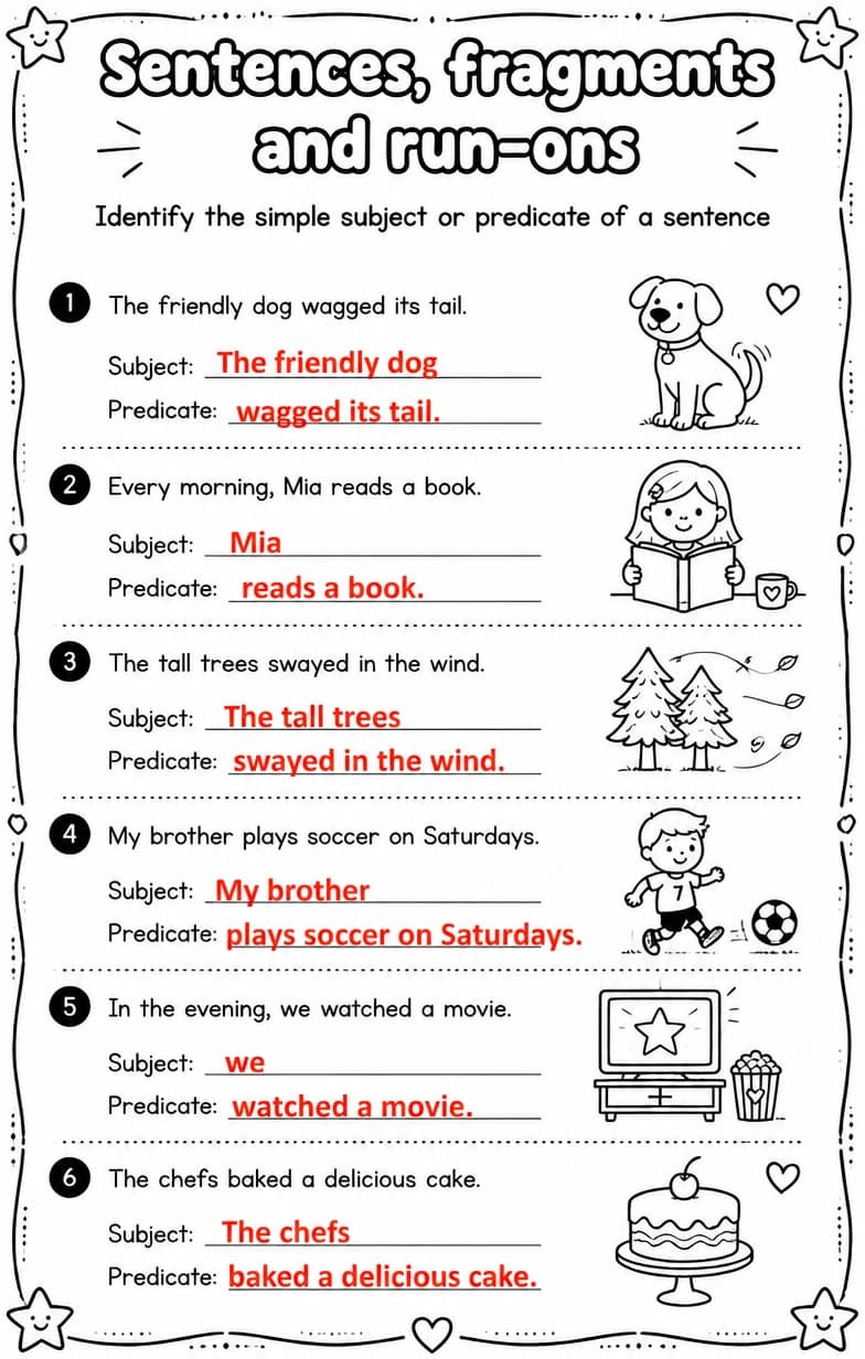 Answer key for Identify the simple subject or predicate of a sentence — free printable English & Reading worksheet