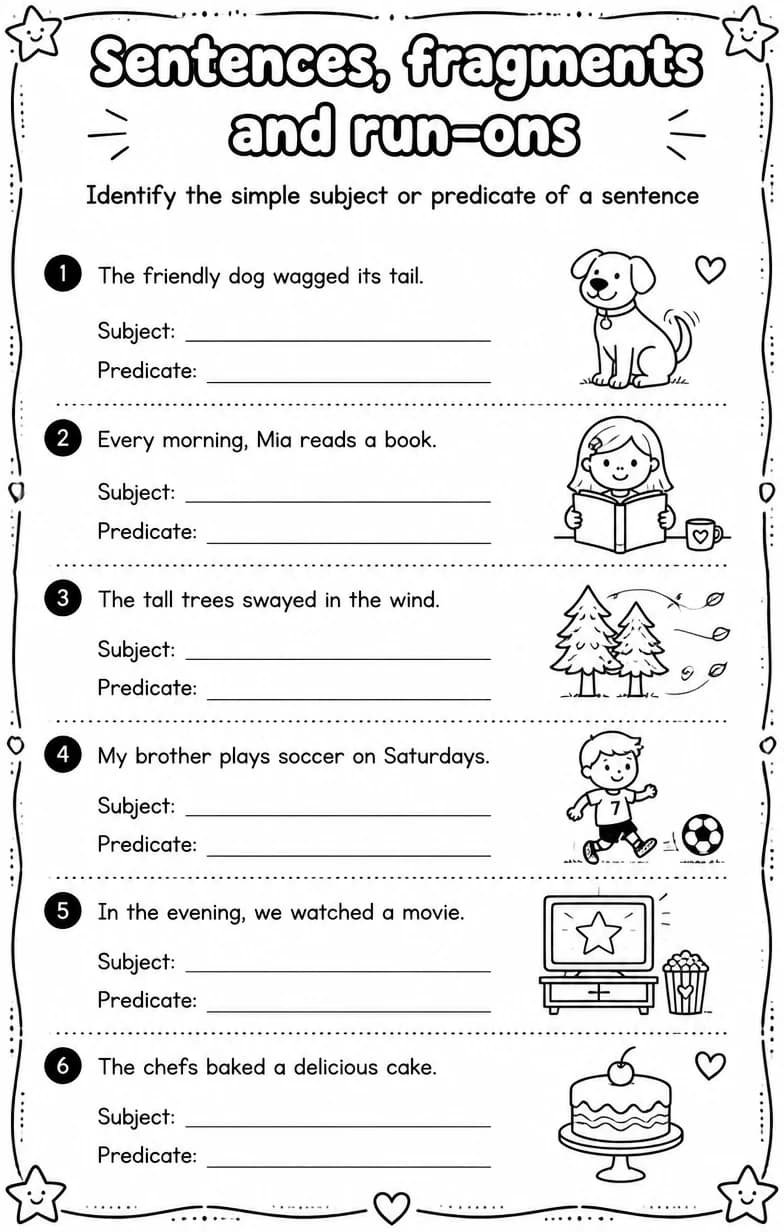 Identify the simple subject or predicate of a sentence — free printable Grammar and mechanics English worksheet