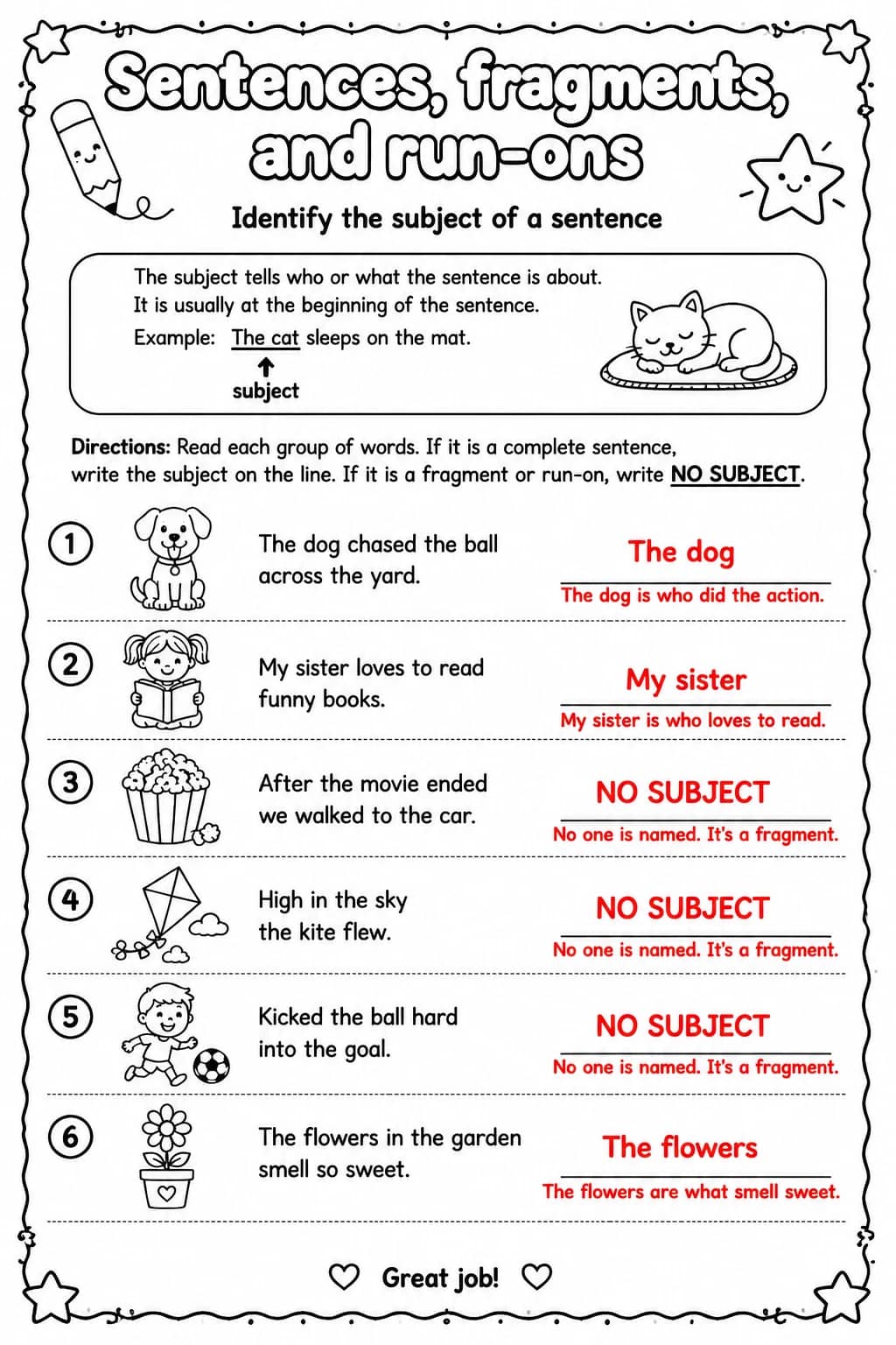 Answer key for Identify the subject of a sentence — free printable English & Reading worksheet