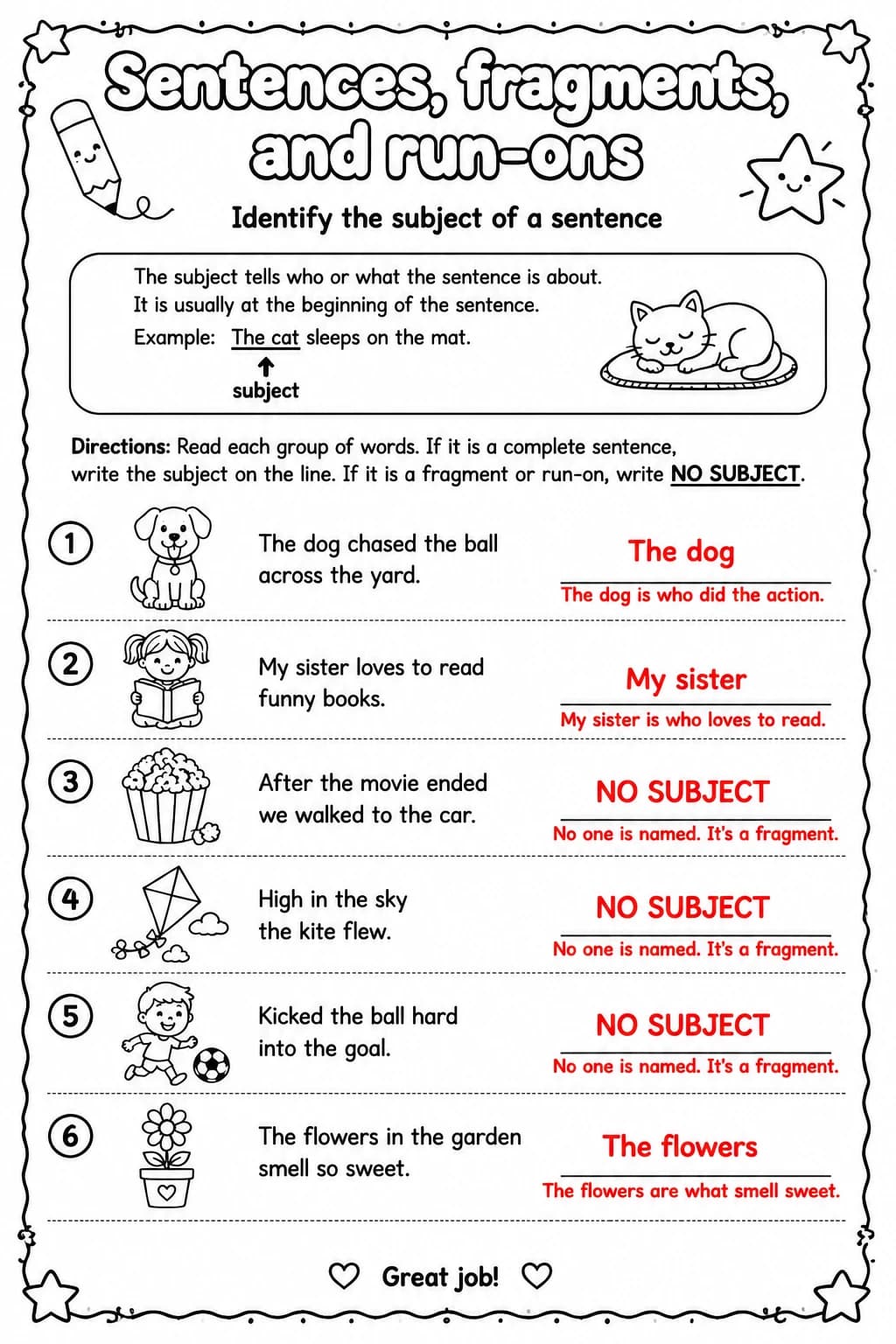 Answer key for Identify the subject of a sentence — free printable English & Reading worksheet