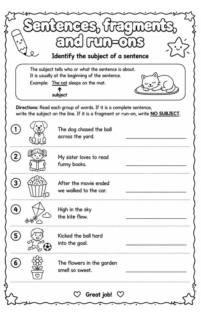 Identify the subject of a sentence — free printable Grammar and mechanics English worksheet