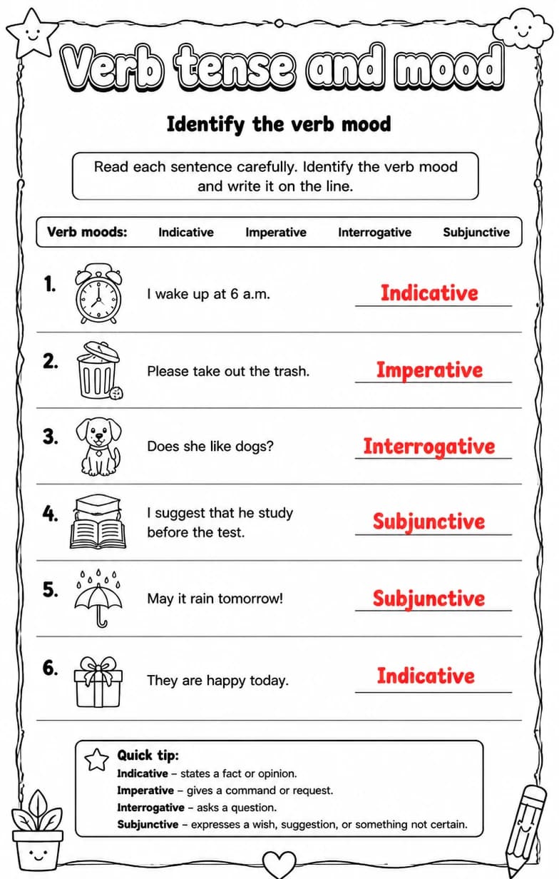 Answer key for Identify the verb mood — free printable English & Reading worksheet