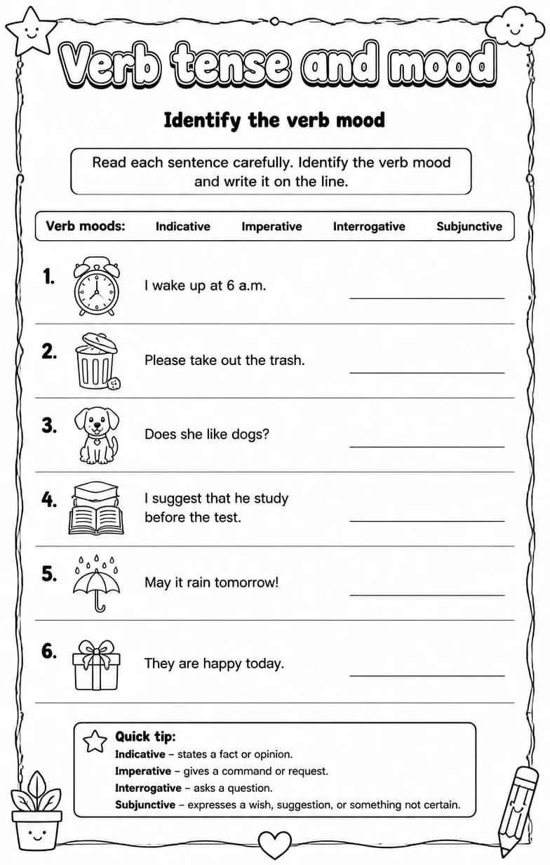 Identify the verb mood — free printable High School English & Reading worksheet