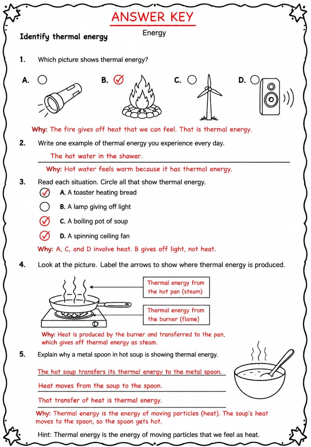Answer key for Identify thermal energy — free printable Science worksheet