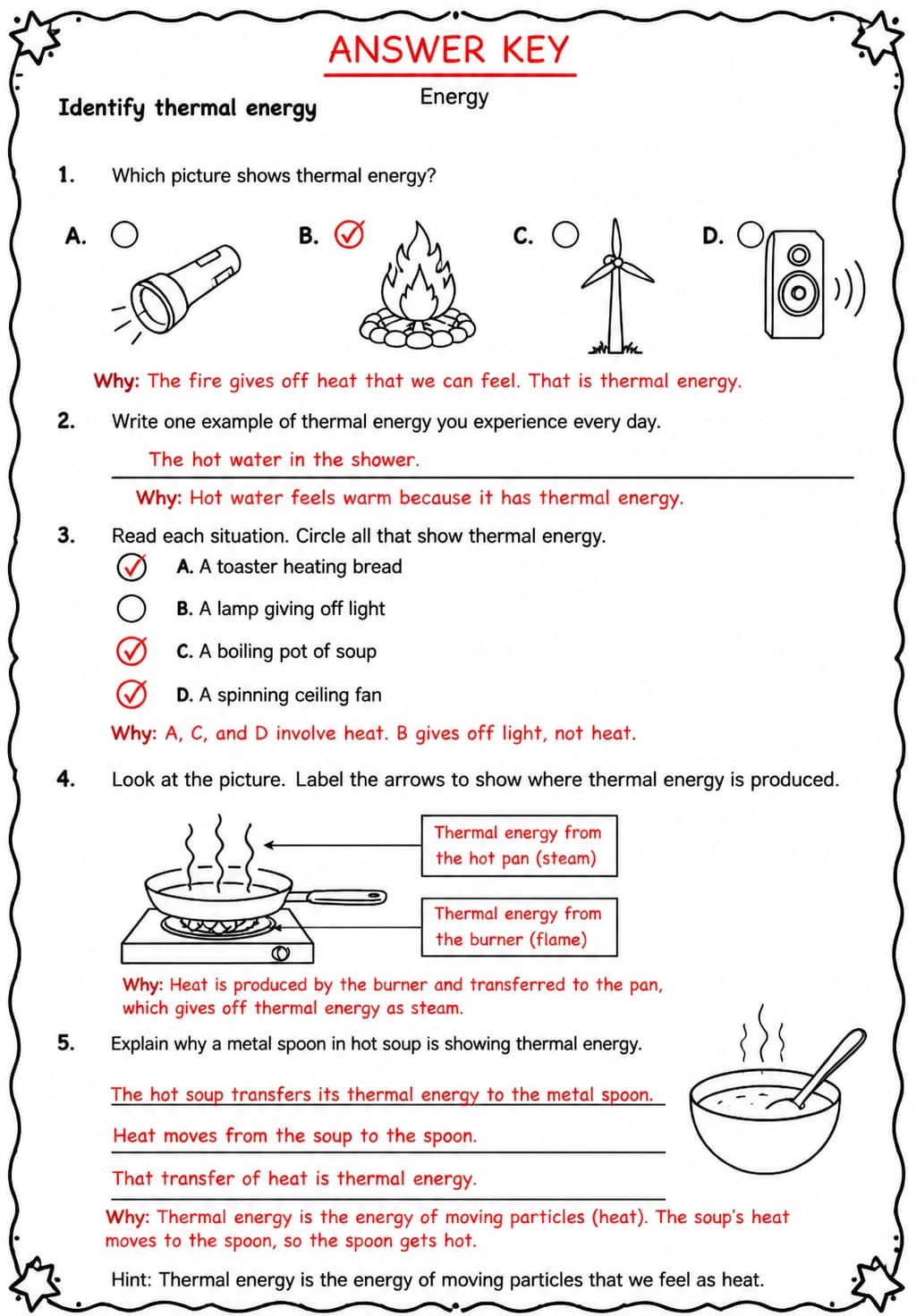 Answer key for Identify thermal energy — free printable Science worksheet