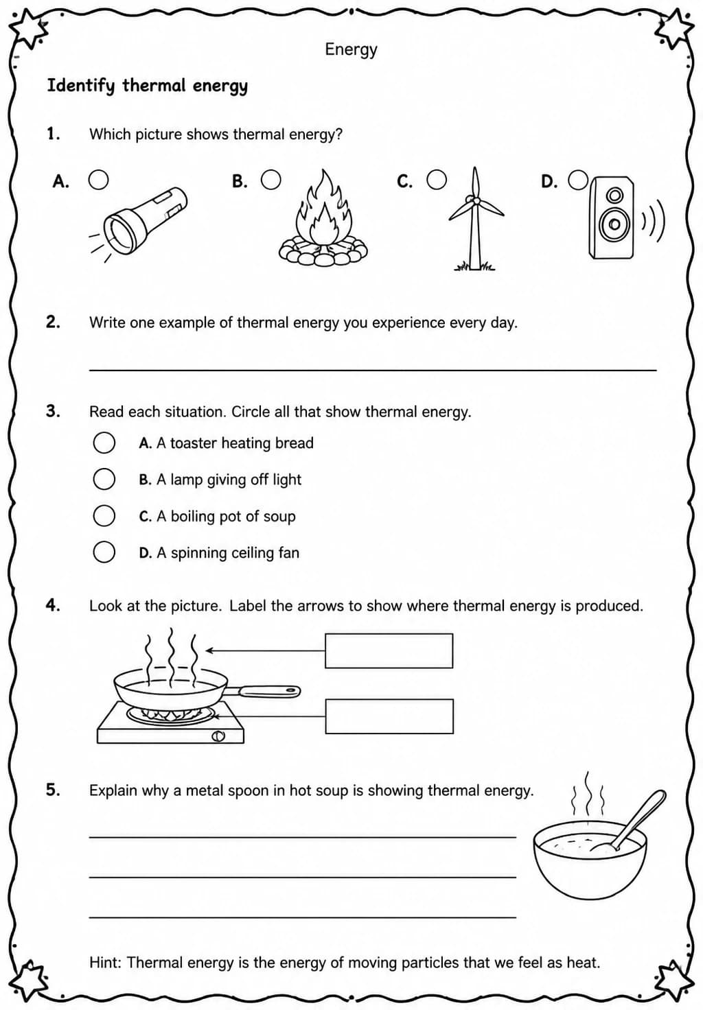 Identify thermal energy — free printable Grade 5 Science worksheet