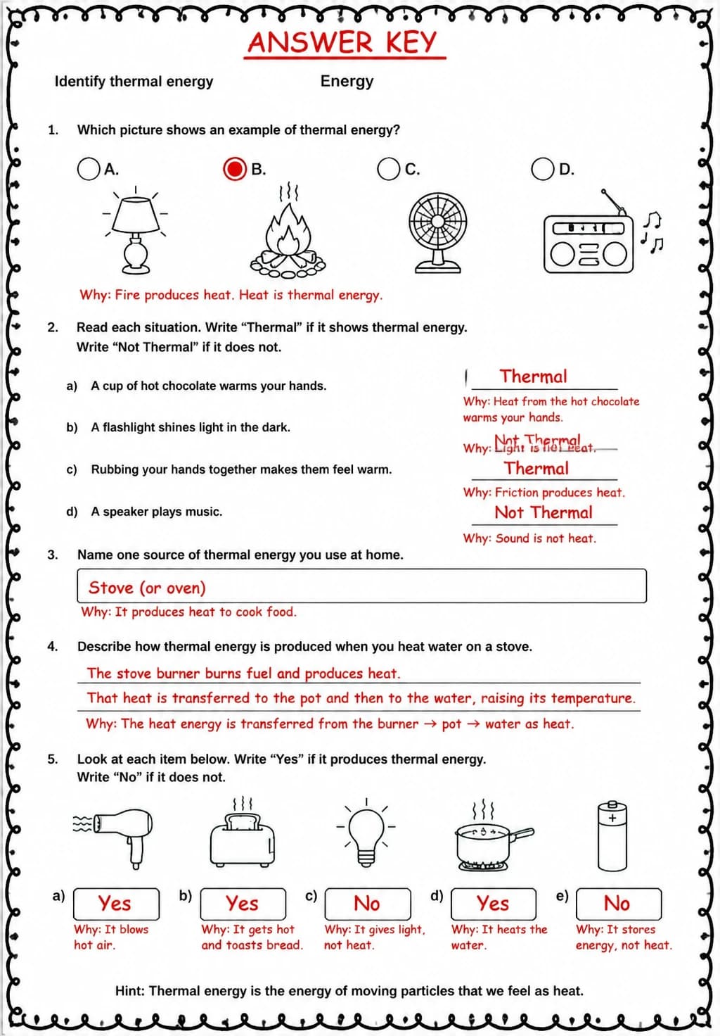 Answer key for Identify thermal energy — free printable Science worksheet