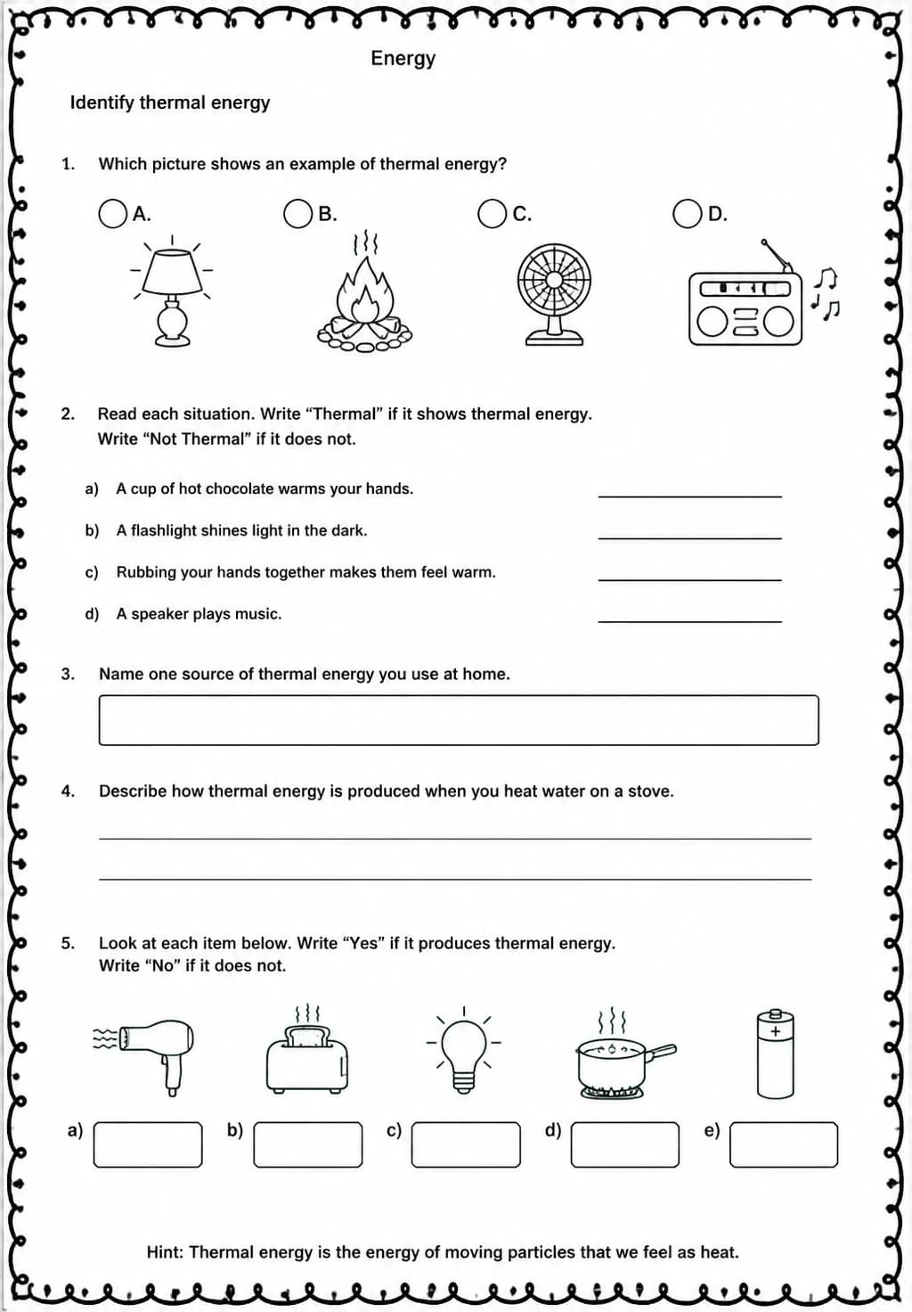 Identify thermal energy — free printable Middle School Science worksheet