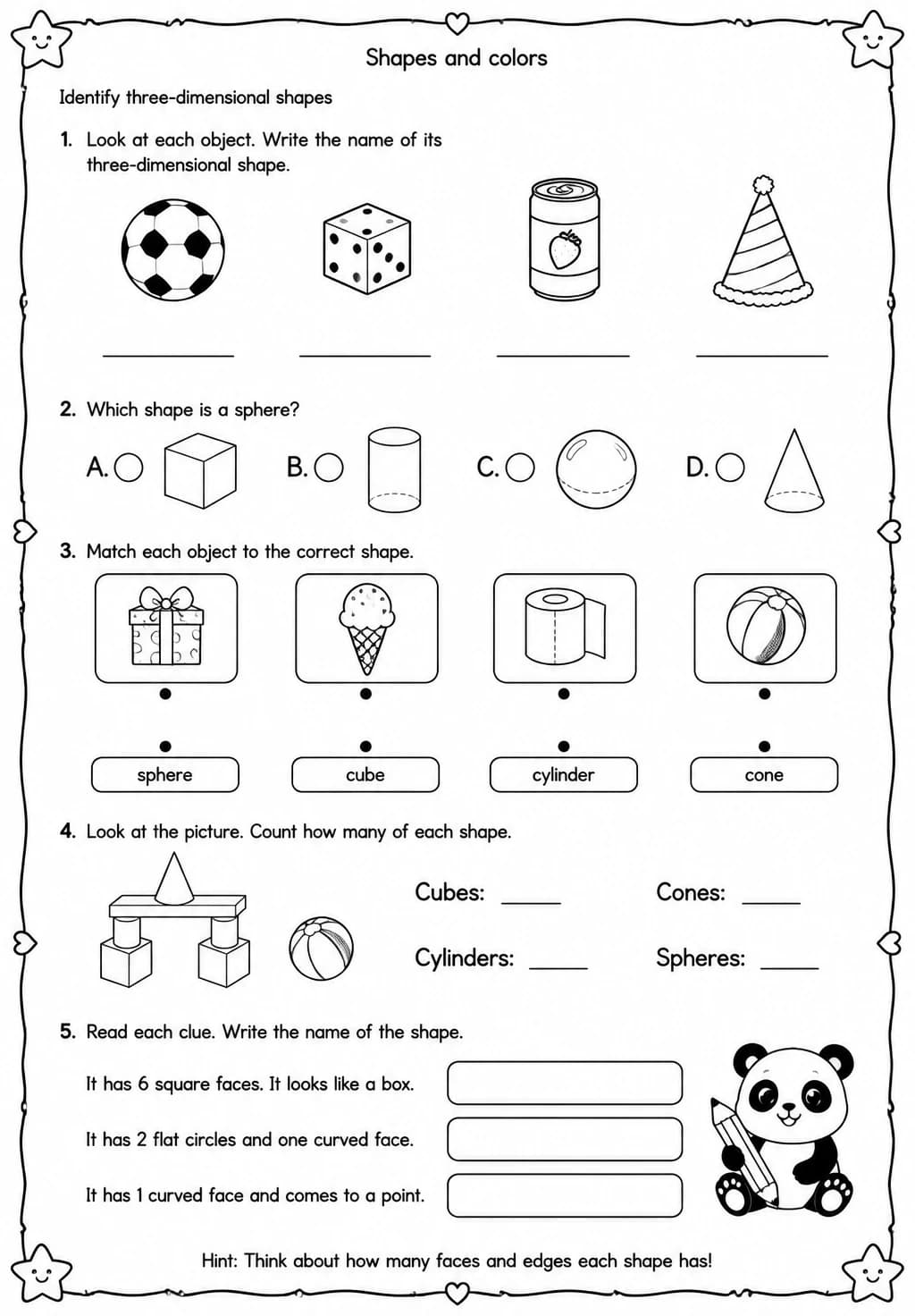 Identify three-dimensional shapes — free printable Grade 1 Science worksheet