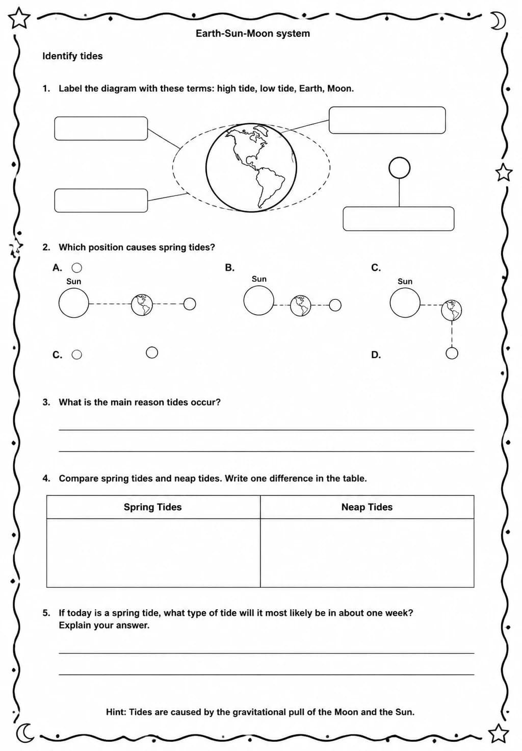 Identify tides — free printable Middle School Science worksheet