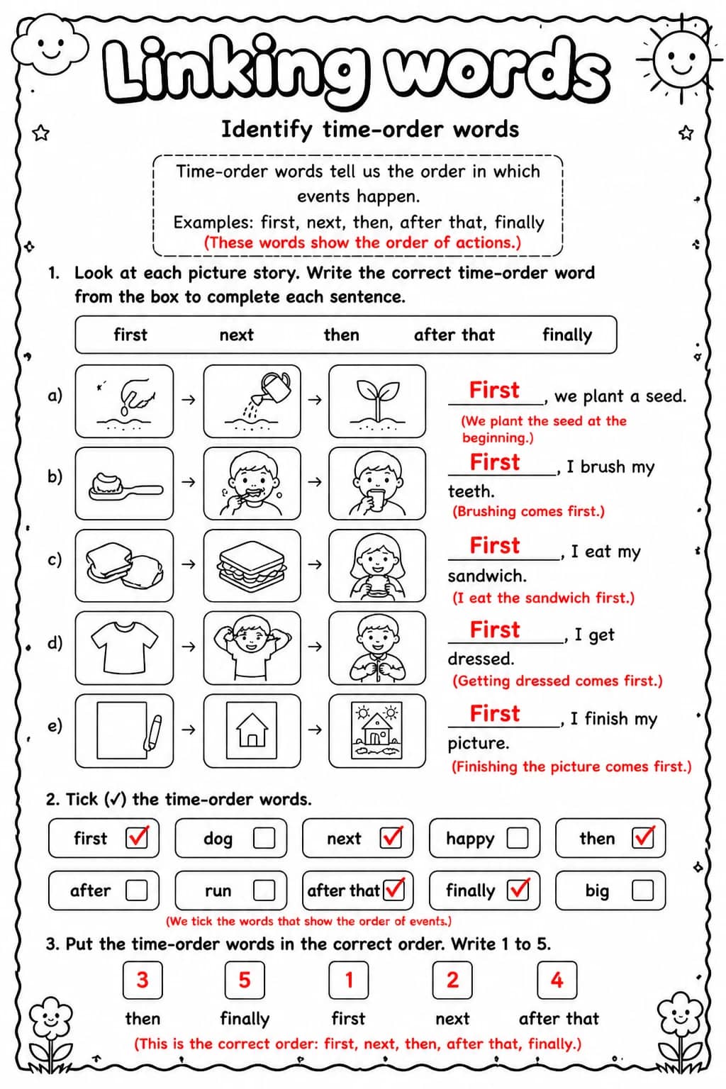 Answer key for Identify time-order words — free printable English & Reading worksheet