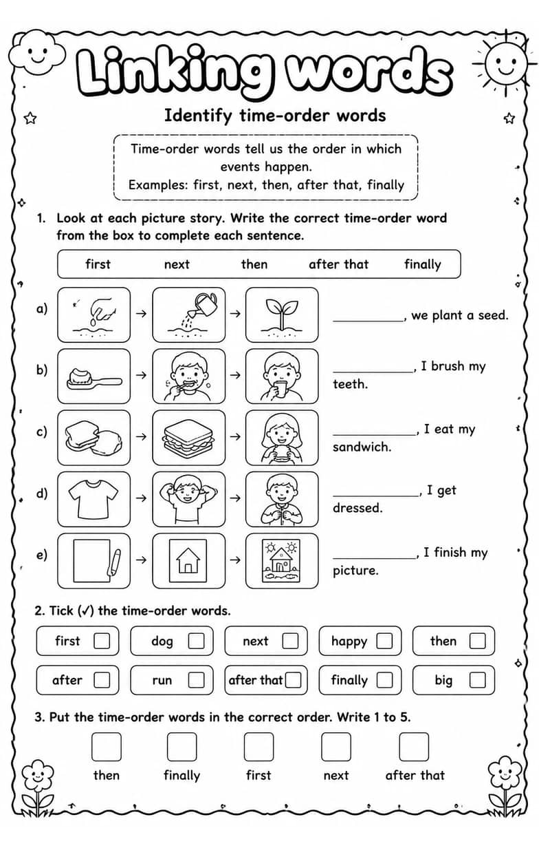 Identify time-order words — free printable Grammar and mechanics English worksheet