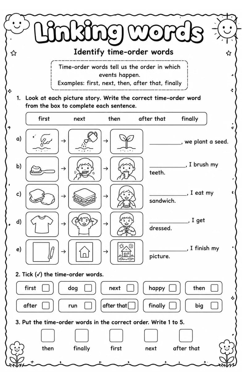 Identify time-order words — free printable Grade 1 English & Reading worksheet