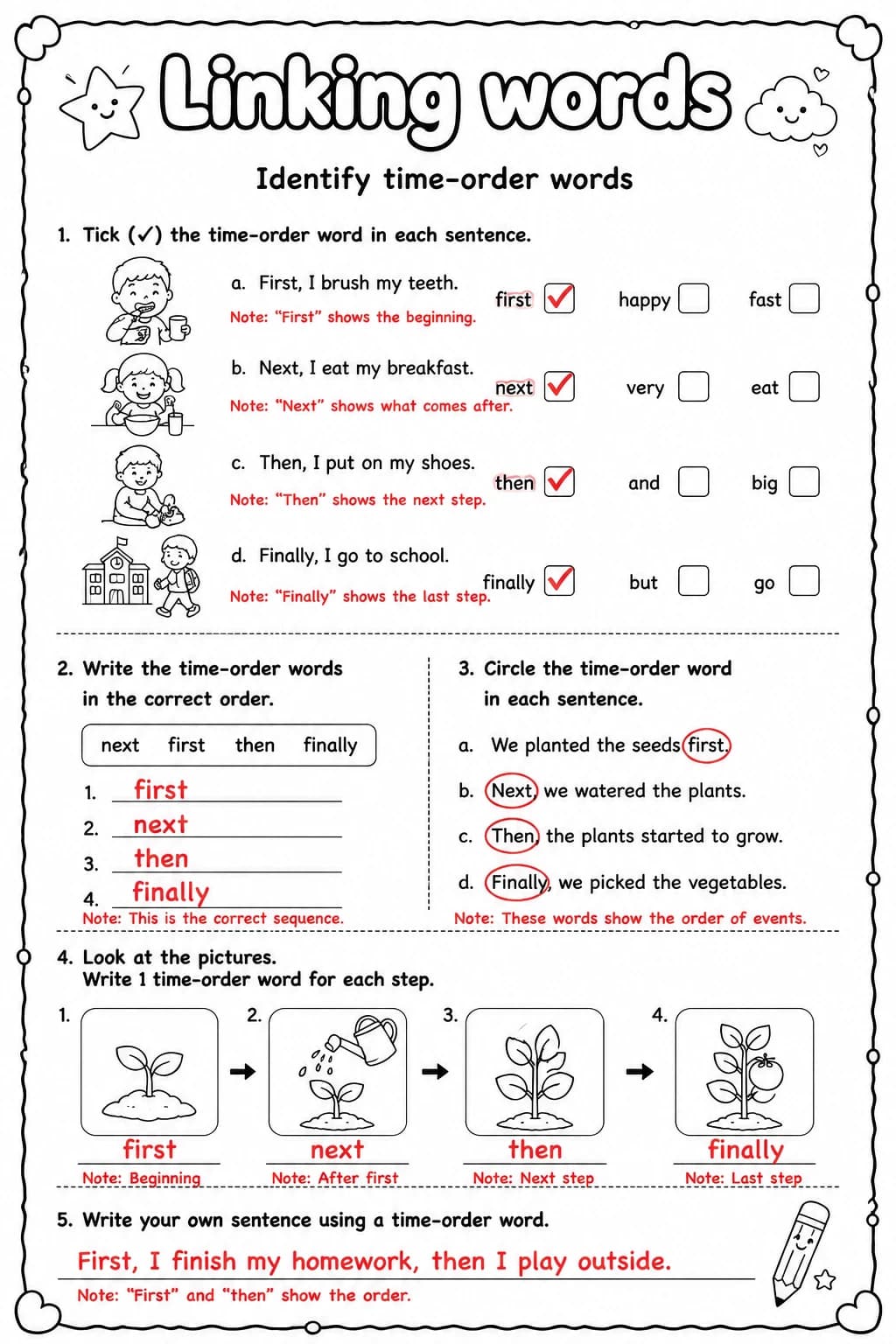 Answer key for Identify time-order words — free printable English & Reading worksheet
