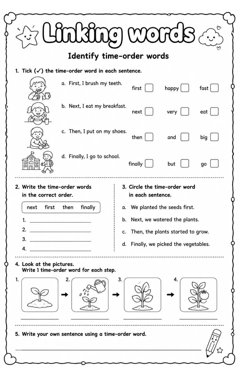 Identify time-order words — free printable Grade 2 English & Reading worksheet