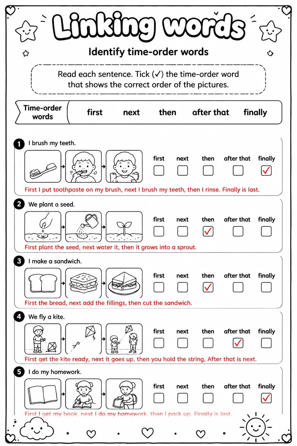 Answer key for Identify time-order words — free printable English & Reading worksheet