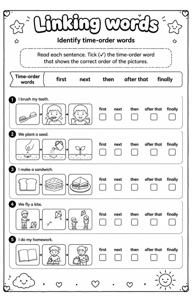 Identify time-order words — free printable Grade 3 English & Reading worksheet
