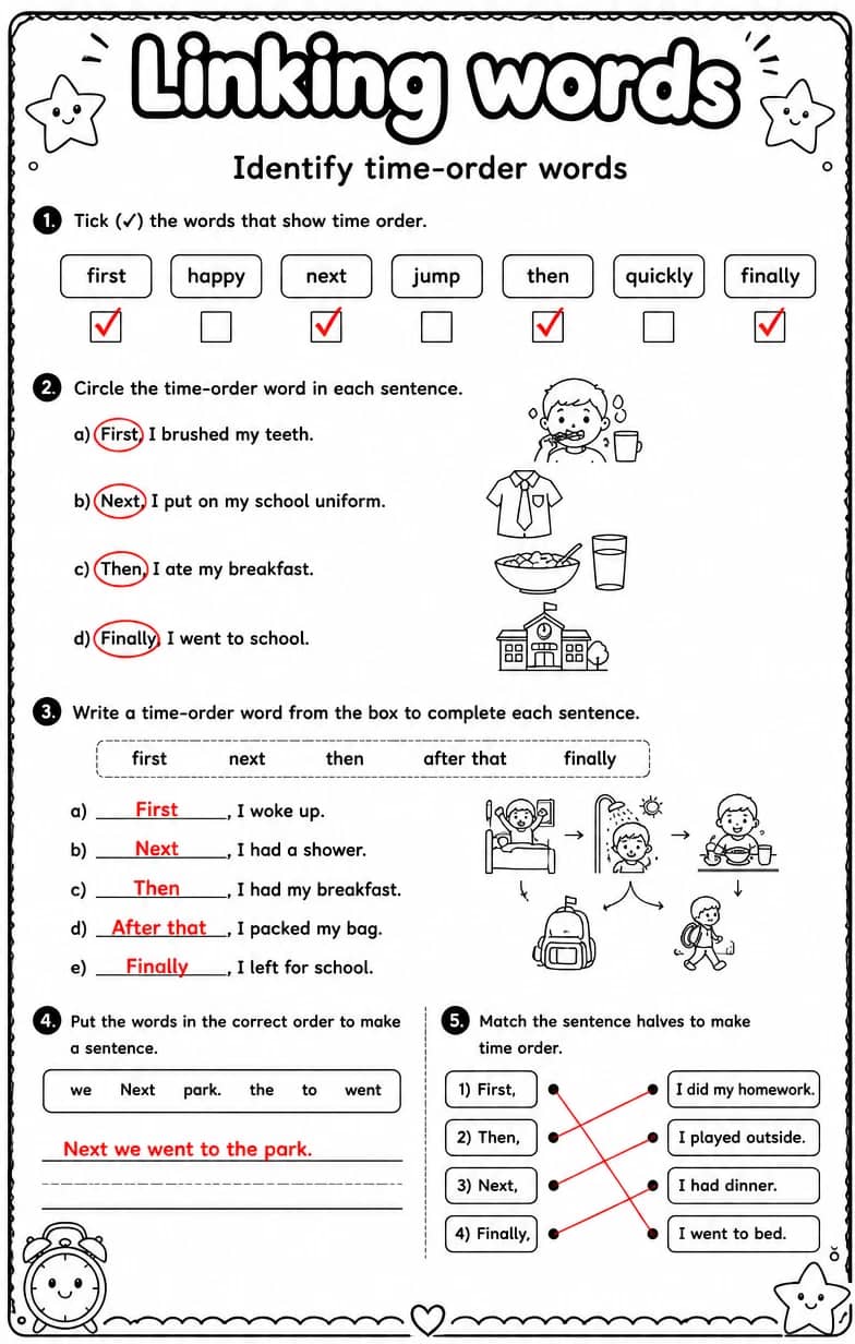 Answer key for Identify time-order words — free printable English & Reading worksheet