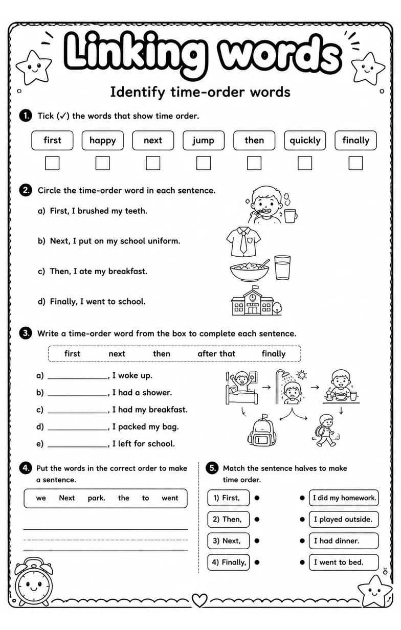 Identify time-order words — free printable Grade 4 English & Reading worksheet