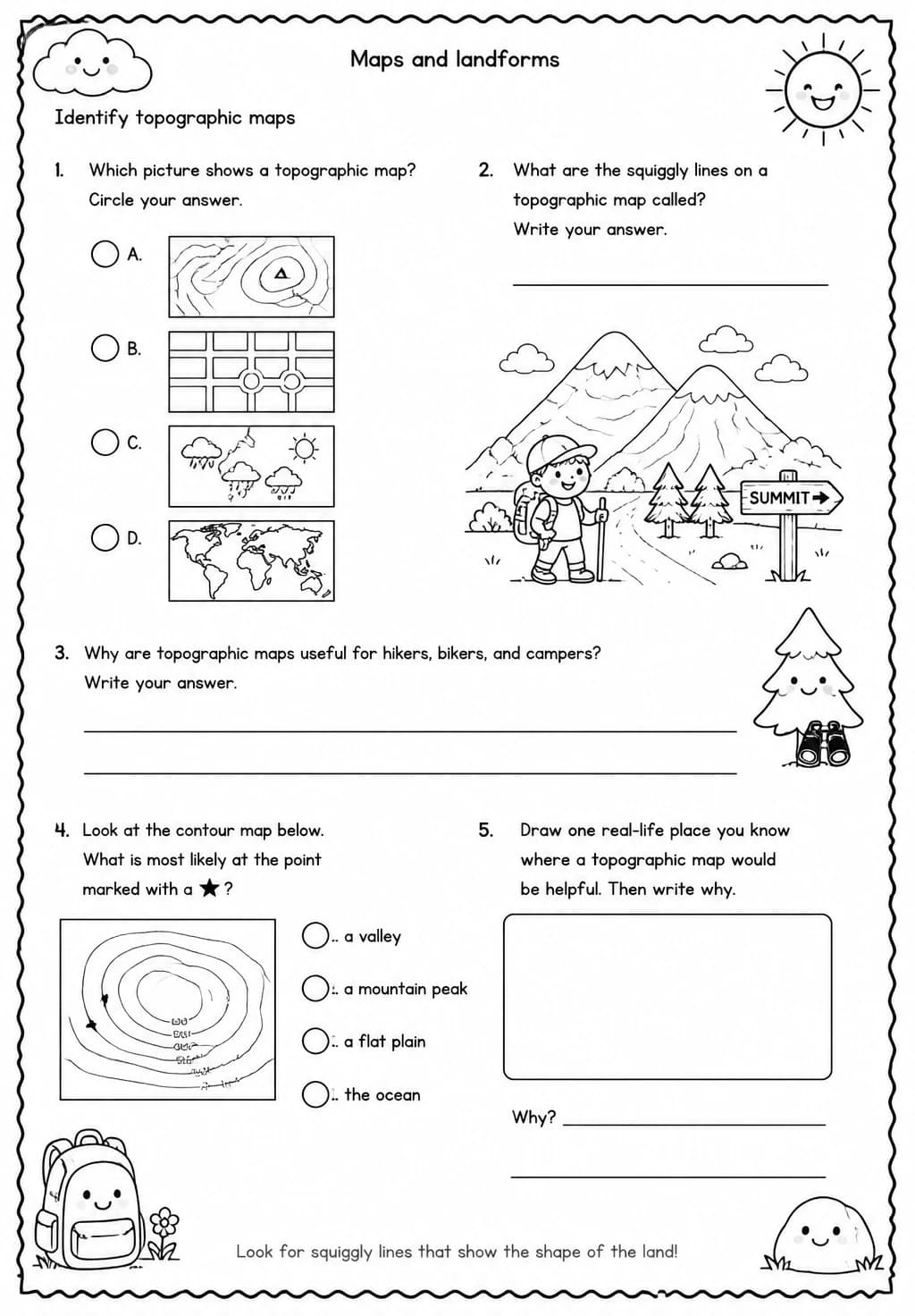 Identify topographic maps — free printable Grade 4 Science worksheet