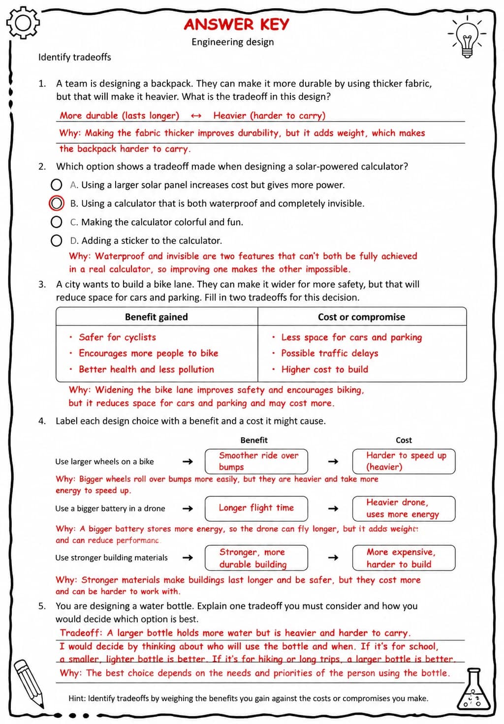 Answer key for Identify tradeoffs — free printable Science worksheet